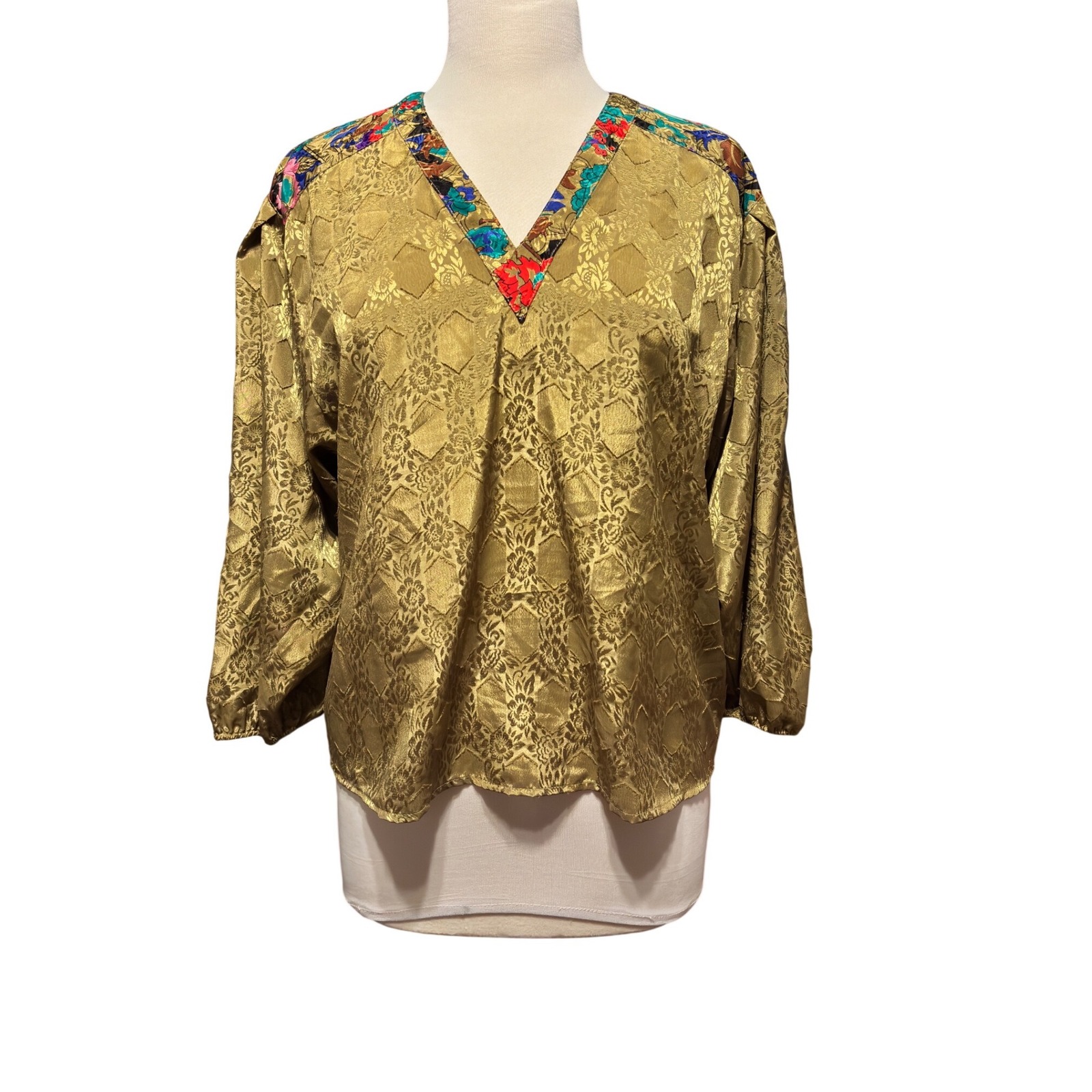 Vtg Diane Freis Original Gold Brocade Floral V-Neck 3/4 Sleeve Blouse Women Sz M